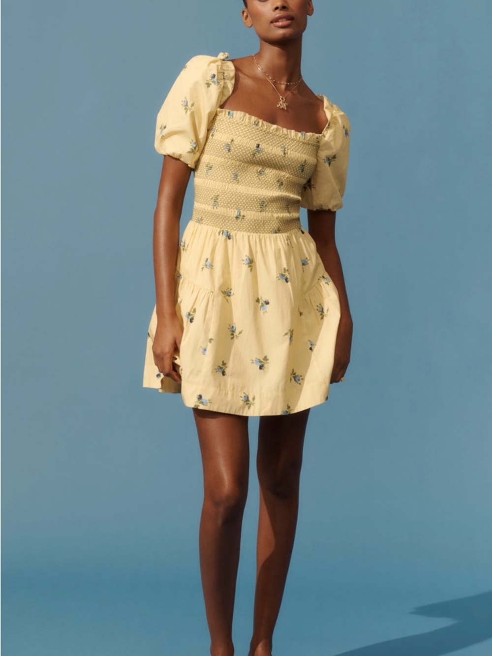 Anthropologie Yellow Mini Dress with Blue Floral Print